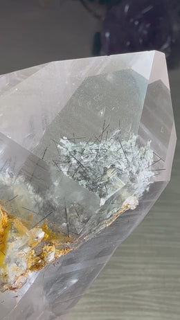 Load and play video in Gallery viewer, video of lightning struck and self healed multiple manifestation lemurian from Diamantina included with black tourmaline and white chlorite
